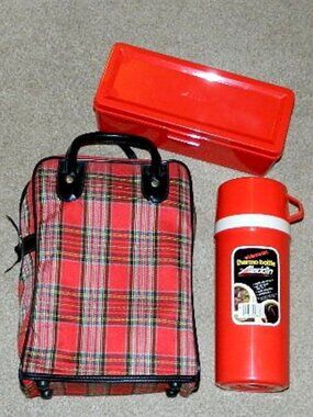 Vintage ALADDIN Picnic 3 Piece Set Red Plaid Thermos Keeper Box